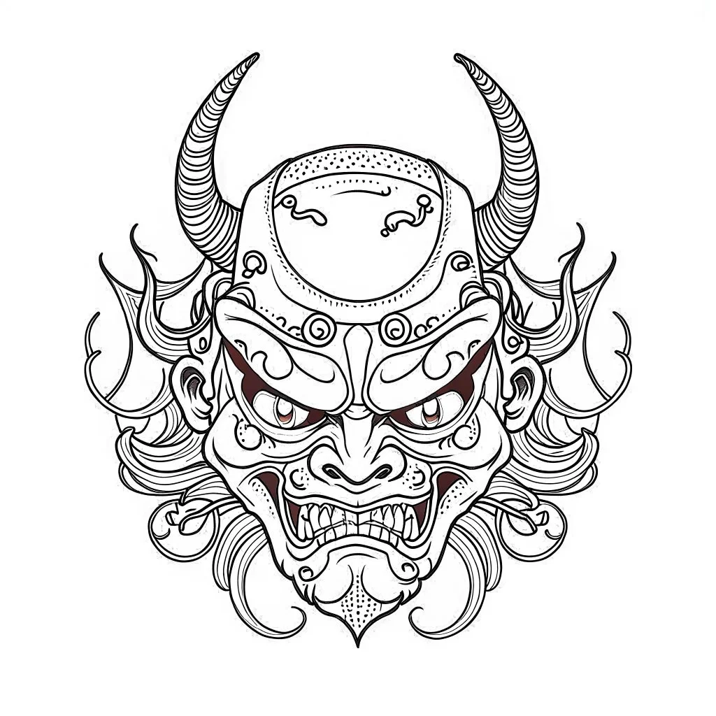 White, minimalis line art , oni mask japanes , vector, white background, outline, with images neatly contained within the background, just black and white color, tatto style.