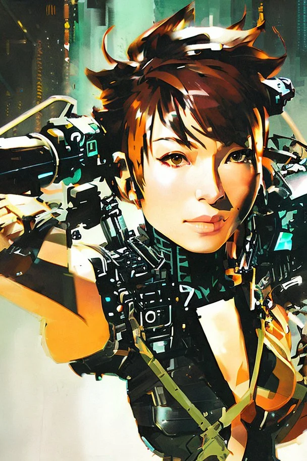 Tori Amos as a cyber punk mercenary girl , painting by Yoji Shinkawa and Katsushika Hokusai, highly detailed facial features, finely drawn and inked, 4k, huge girl