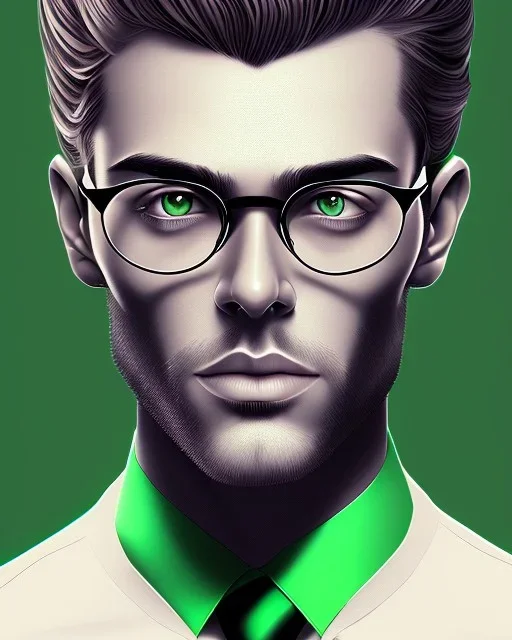 Fit man in round glasses, wavy hair, stubble, slim, tie, monotone, green eyes, comic book style, two tone colours, detailed, ink, realistic, handsome, square jaw, big brows, no jacket, bird on the shoulder, spotlight