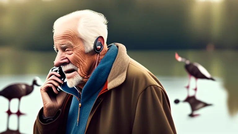 old man talks on phone while chasing ducks away,