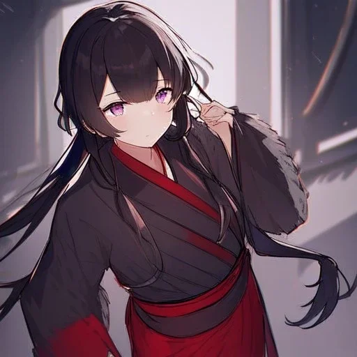 Clear focus, High resolution, long black fluffy hair, long locks, chopped bangs, purple eyes, wearing a samurai outfit that is red and white, wearing a red skirt, (solo), rough line sketch