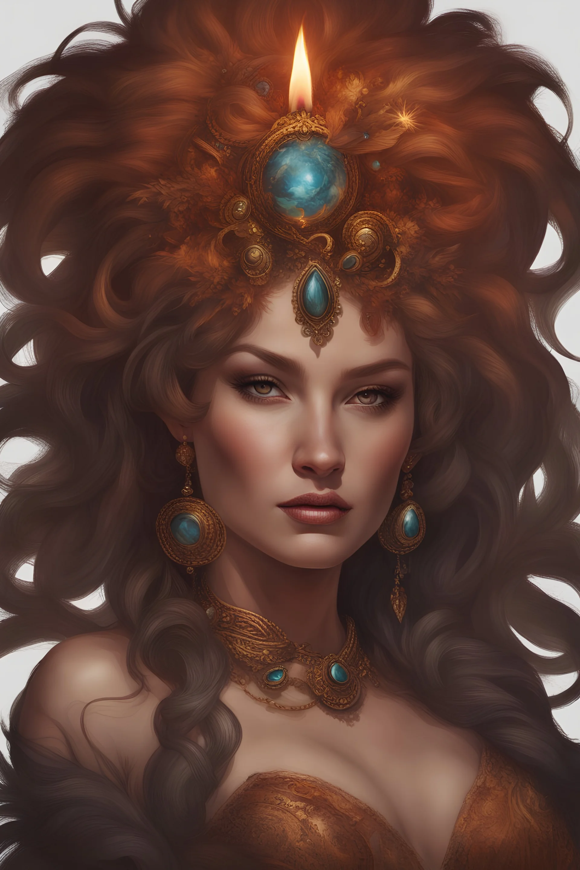 hot worrior woman of fire, with mixing a lion style accessories and fashion and hairstyle, belly,ornaments hair,sparkle ,candels,realistic,portrait,masterpiece