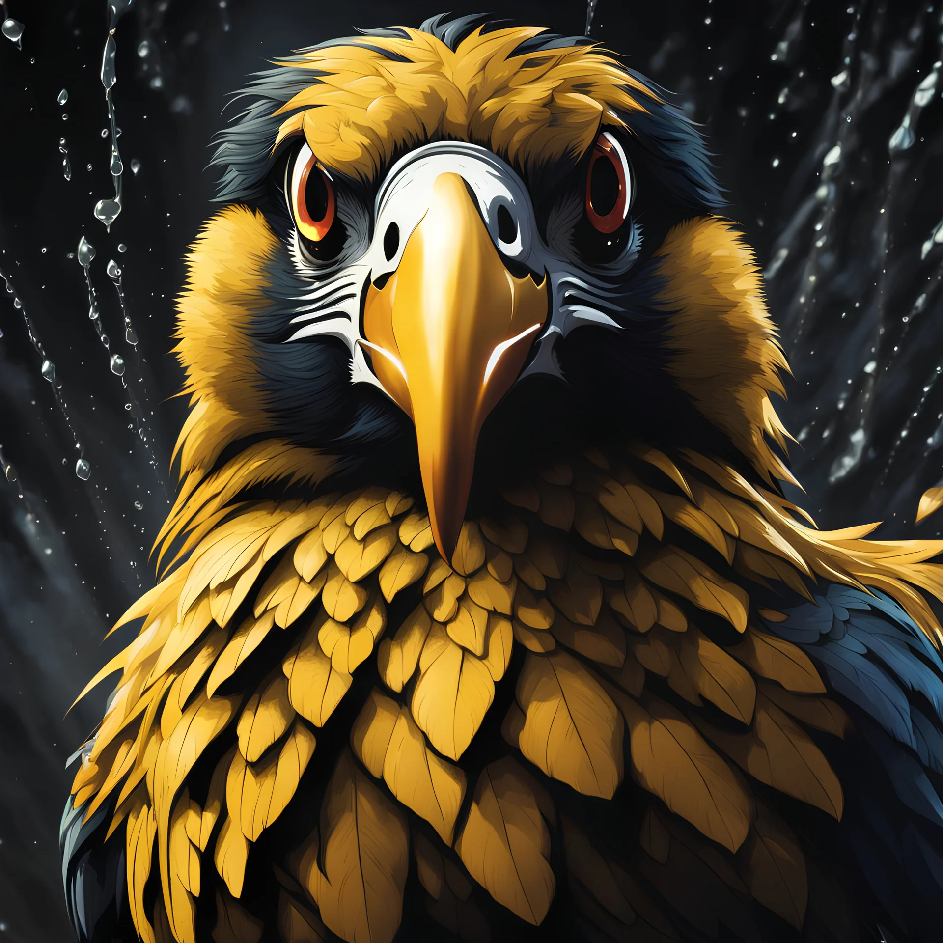 Horror version of big bird in 8k solo leveling shadow artstyle, machine them, close picture, rain, intricate details, highly detailed, high details, detailed portrait, masterpiece,ultra detailed, ultra quality