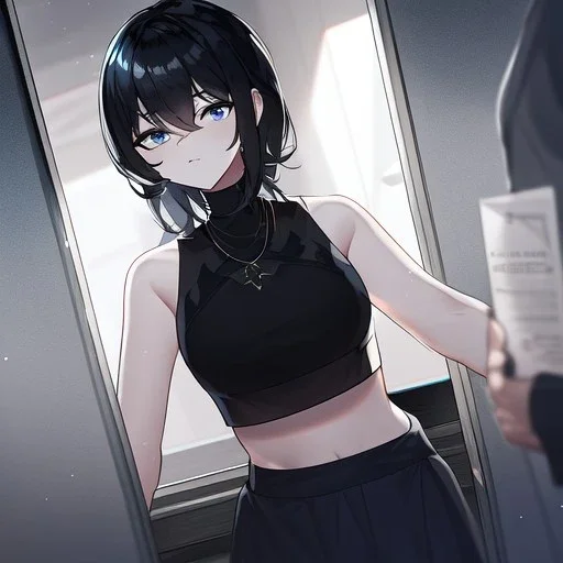 Clear focus,High resolution, black short fluffy hair, long fluffy bangs, and dark blue eyes, Depressed girl, wearing a black short shirt with a black sleeveless crop top, dark aura, controlling water, in a dark blank room