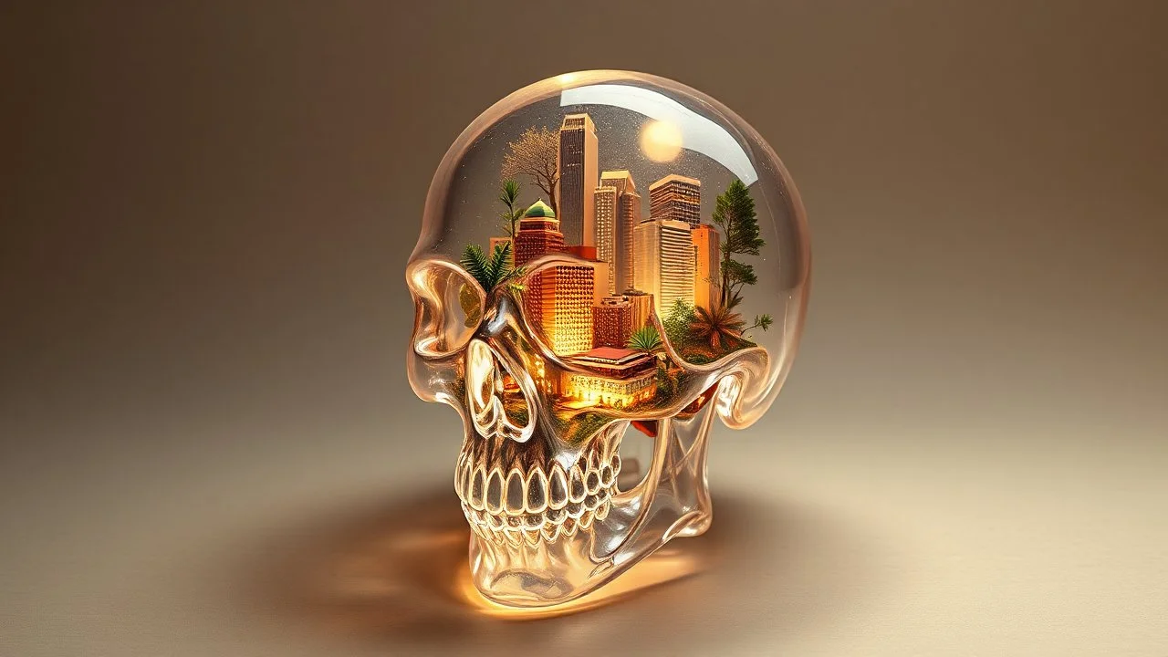 old worn paper, plain contrast background, crystal transparent Skull with city and plants inside, backlight inside, 8K, high detail, hyperrealism, high resolution, bright colors, ART illustration