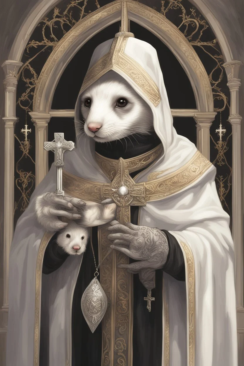 (anthropomorphic white ferret),dressed in ((cleric fantasy)) black clothes with silver holy ornaments, realistic anatomy, holy symbols around, serious face, hold holy cross symbol, tired face, in the style of LOISH, look at the vivewer, cute face, fantasy inspire, fantasy church on background with sunshine, gloomy atmosphere