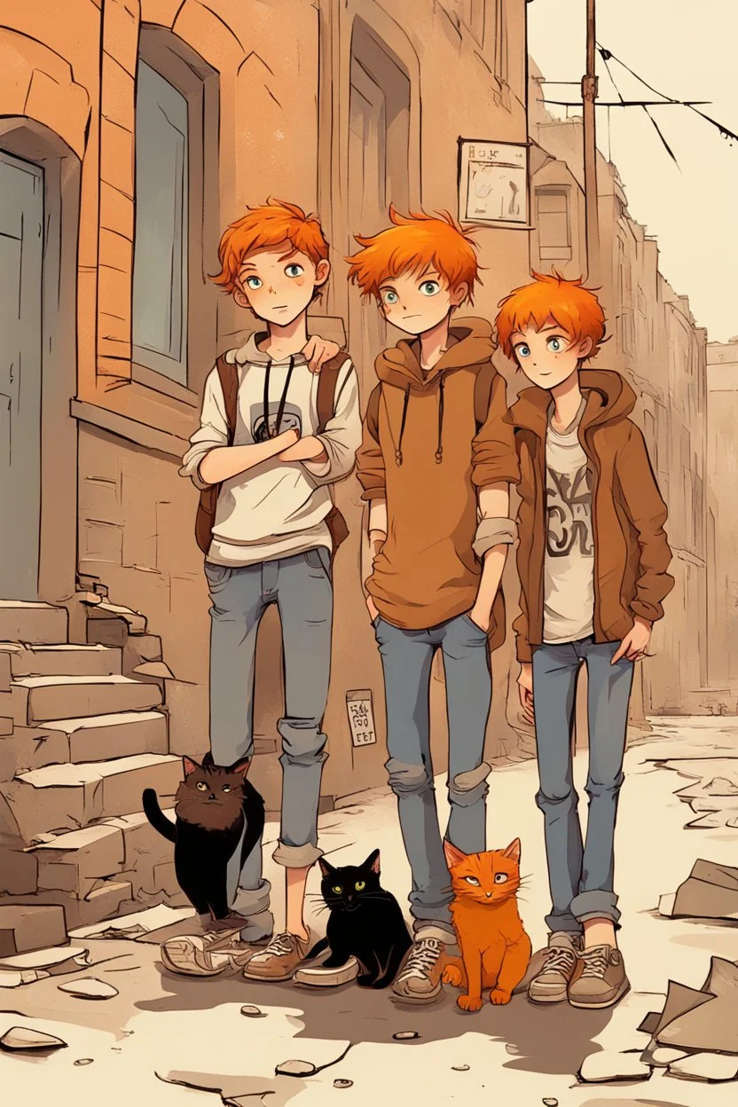 Act like a book cover designer. Use graffiti style. Three teenagers (13-15 years old) - two boys brothers with ginger hair and frickles with a brown-haired girl and with a grimy black cat. Environment: old town.