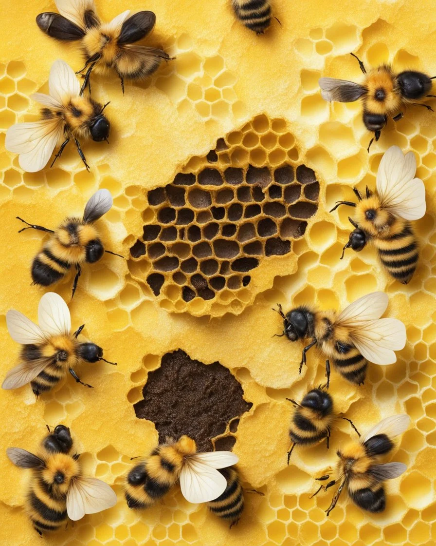 honeycomb and bee hive on a yellow floral background, reailistic image