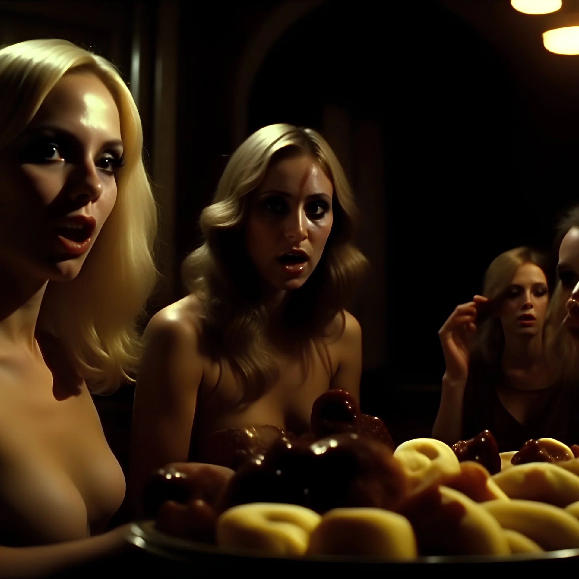 Horror movie shot, spooky, hot, ultra realistic, dine, horns, ultra realistic hot blonde women, party, pieces of meat, organs, ail, dynamic, very excited people, hypermaximalist figures, light, 1970's Italian horror movie, sinister,, Dario Argento, Stanley Kubrik, ornate, 4k, photorealism