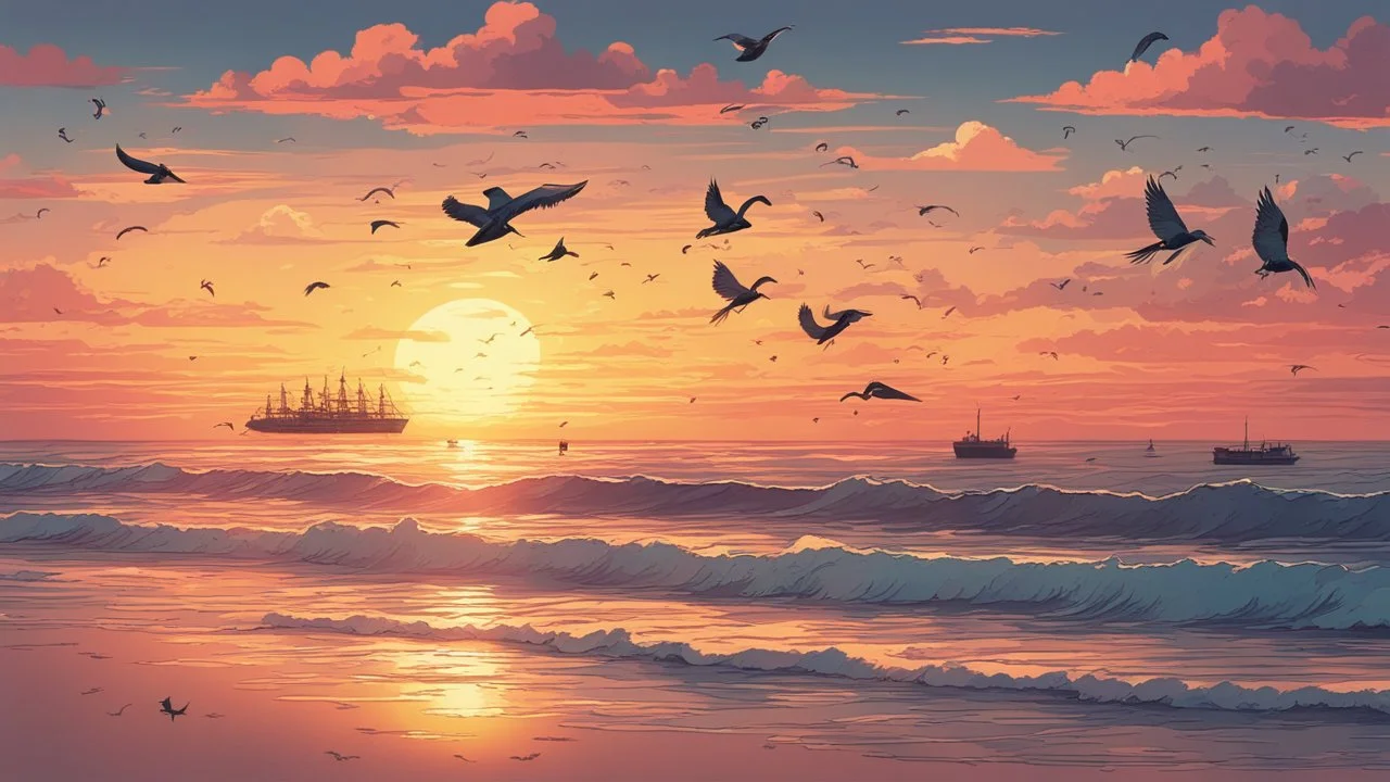 beachside photograph of a sunset, serene, beautiful and peaceful, birds, kites, distant boats, sea waves, detailed pixel art, retro style,