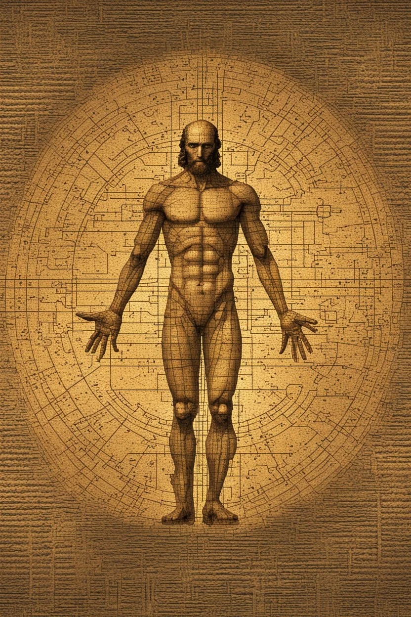 Human – Language – Computer. Leonardo da Vinci's Vitruvian man against the background of the matrix and the crumbling ones and zeroes. close-up of the surrounding area. Solid science fiction, high resolution