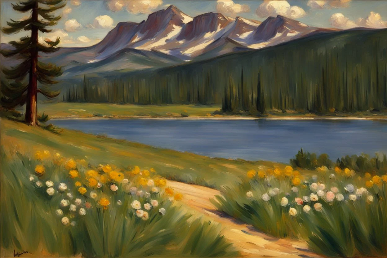 Sunny day, pine trees, mountains, prairie, flowers, lake, rocks, spring, max liebermann impressionism painting