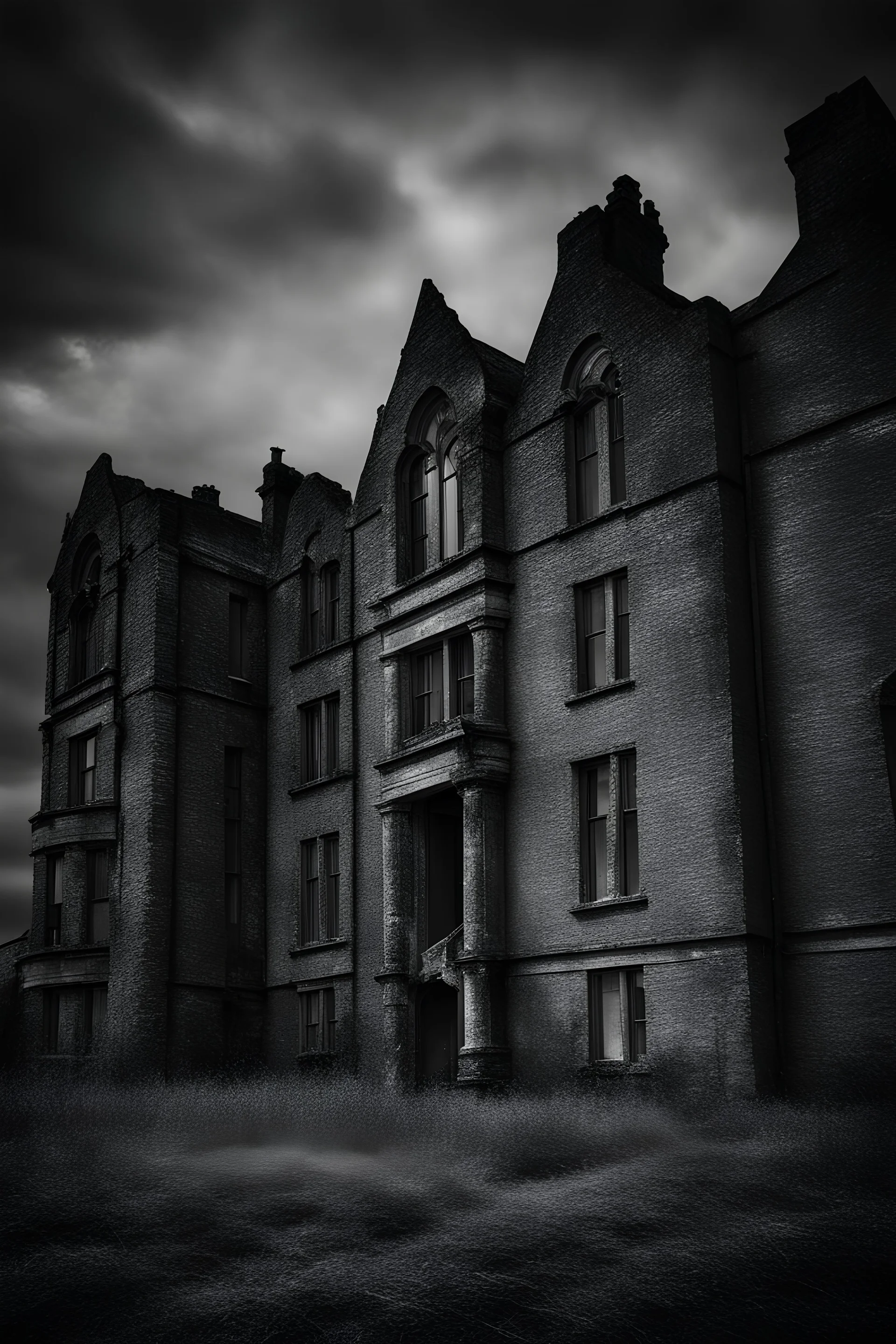 An old style photograph of a building of a vintage grimy asylum in Ireland in black and white, with a lot of sky showing and eerie atmosphere