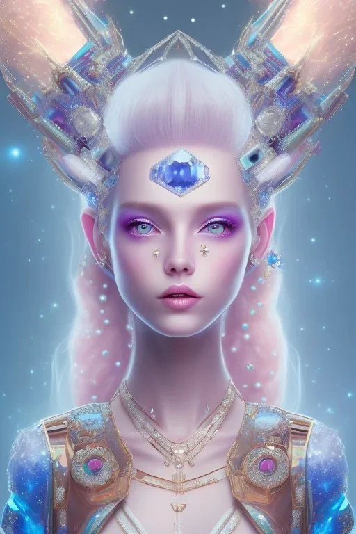  visage de côté, cosmic petit prince, grand front cosmique, peau bleu cristalline, yeux bleu, perle sur le front long cheveux blond et rose etoilé, cristaux sur le corps, collier de grande princesse, levres souriante, très jolie sourire