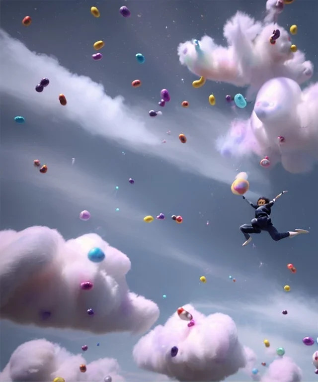 Ultra realistic speed clouds sky scene, wide angle view, strong men falling down with many Childs, circus clothing style, feather color clothing, free jumping flying, many trinkets, hair monster, many jelly beans, balls, color smoke, smile, happy, extreme, wind, clouds sea, 20,000 feet altitude, stratosphere, soft color, highly detailed, unreal engine 5, ray tracing, RTX, lumen lighting, ultra detail, volumetric lighting, 3d, finely drawn, high definition, high resolution.