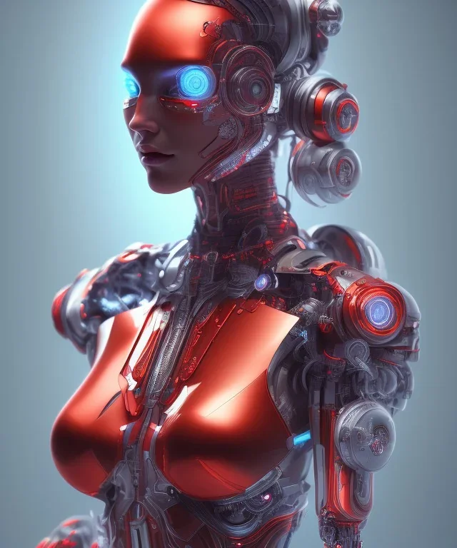 A beautiful portrait of a cyborg body women red color scheme, high key lighting, volumetric light high details psychedelic background