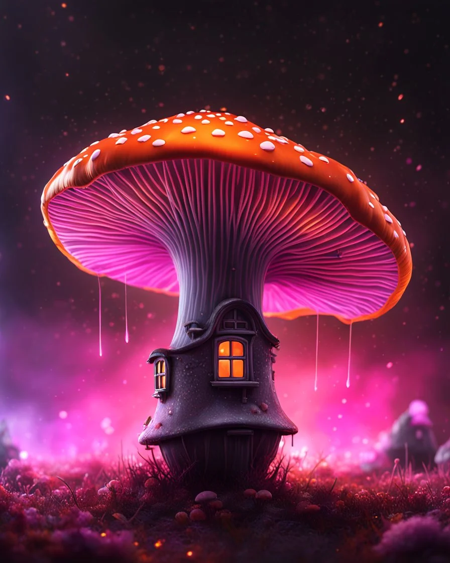 A solitary floating mushroom house on a clear night. silver and orange and pink, Dark cosmic interstellar. Detailed Matte Painting, deep color, fantastical, intricate detail, splash screen, hyperdetailed, insane depth, concept art, 8k resolution, trending on Artstation, Unreal Engine 5, color depth, backlit, splash art, dramatic, High Quality Whimsical Fun Imaginative Bubbly, perfect composition