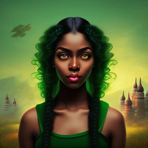 fantasy setting, woman, peau sombre, indienne, cheveux noirs avec une mèche bouclée verte, médiéval