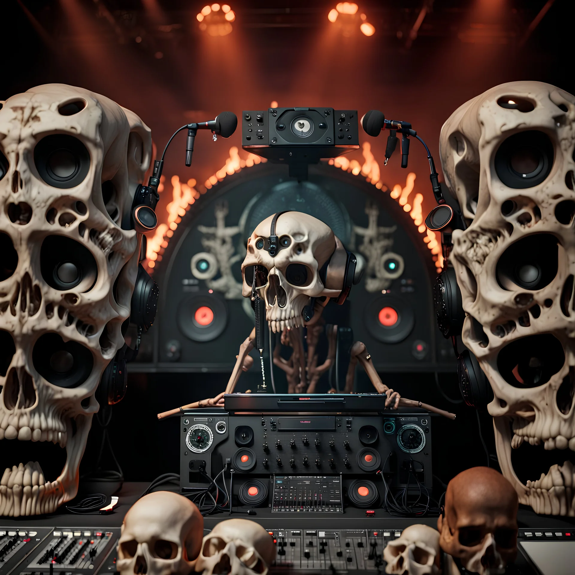 DJ of the damnded, insanely detailed DJ booth in hell, MID set, speakers and equipment made of bone, anatomically correct, add more skulls in th audience, photorealism, vray, 8k 3d