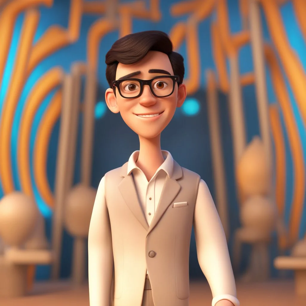 a portrait of smiling a man. carricature. dark black hair. short hair. light brown skin. dark brown eye pupils. wearing small rectangle, thin frame glasses. square face shape. formal dress. pixar style. 3D. 4k. portrait. highly detailed. sharp focus. high resolution. full color. cinema lighting