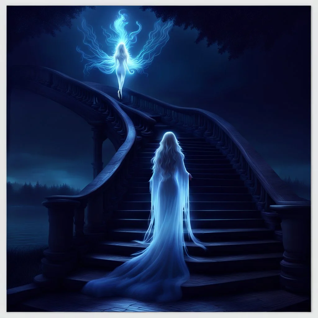 3D, a beautiful ghost on a beautiful staircase, a Patronus charm, calm, charming, flowing, glowwave, the lady by the lake, long flowing hair, ghostly, translucent, hauntingly beautiful, Modifiers: high definition