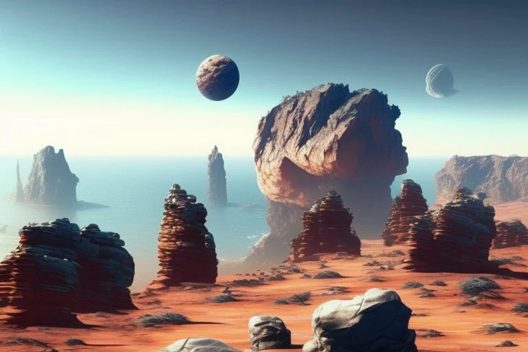 person, exoplanet in the horizon, big stones, cliff, science fiction, epic scene.