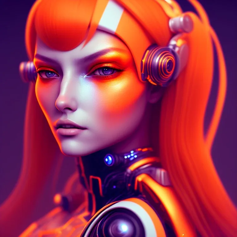 A beautiful portrait of a cute cyberpunk woman orange color scheme, high key lighting, volumetric light high details with white stripes