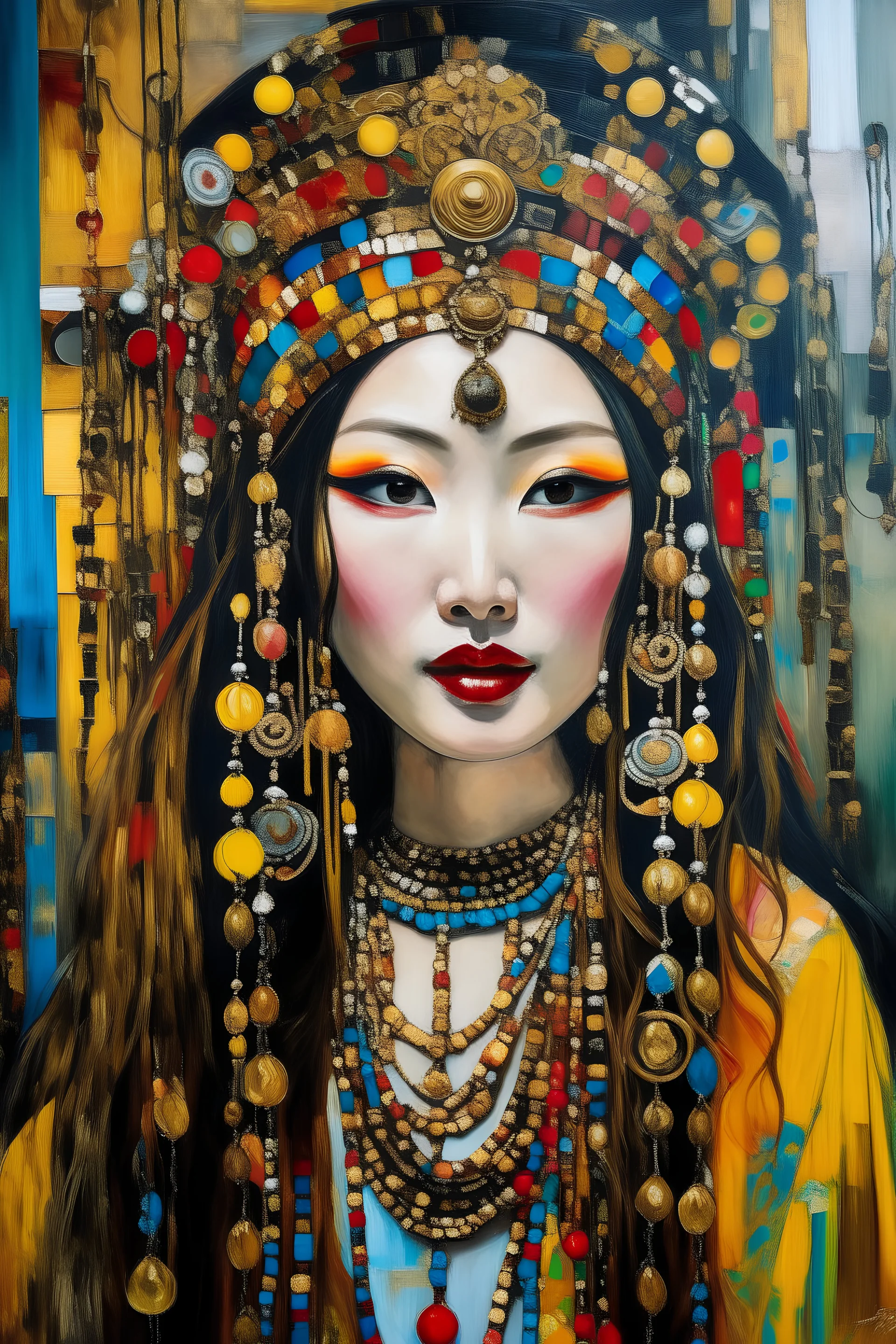 Painted portrait of Chinese woman in dredlocks and turban, heavy makeup, long hair and loads of jewellery, painted by paint brush in style of Gustav Klimt