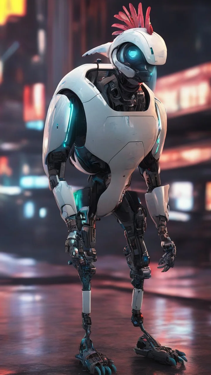CHICKEN robot, sci-fi, cyberpunk, full body, ultra realistic, virtual reality, cyberpunk city and colors
