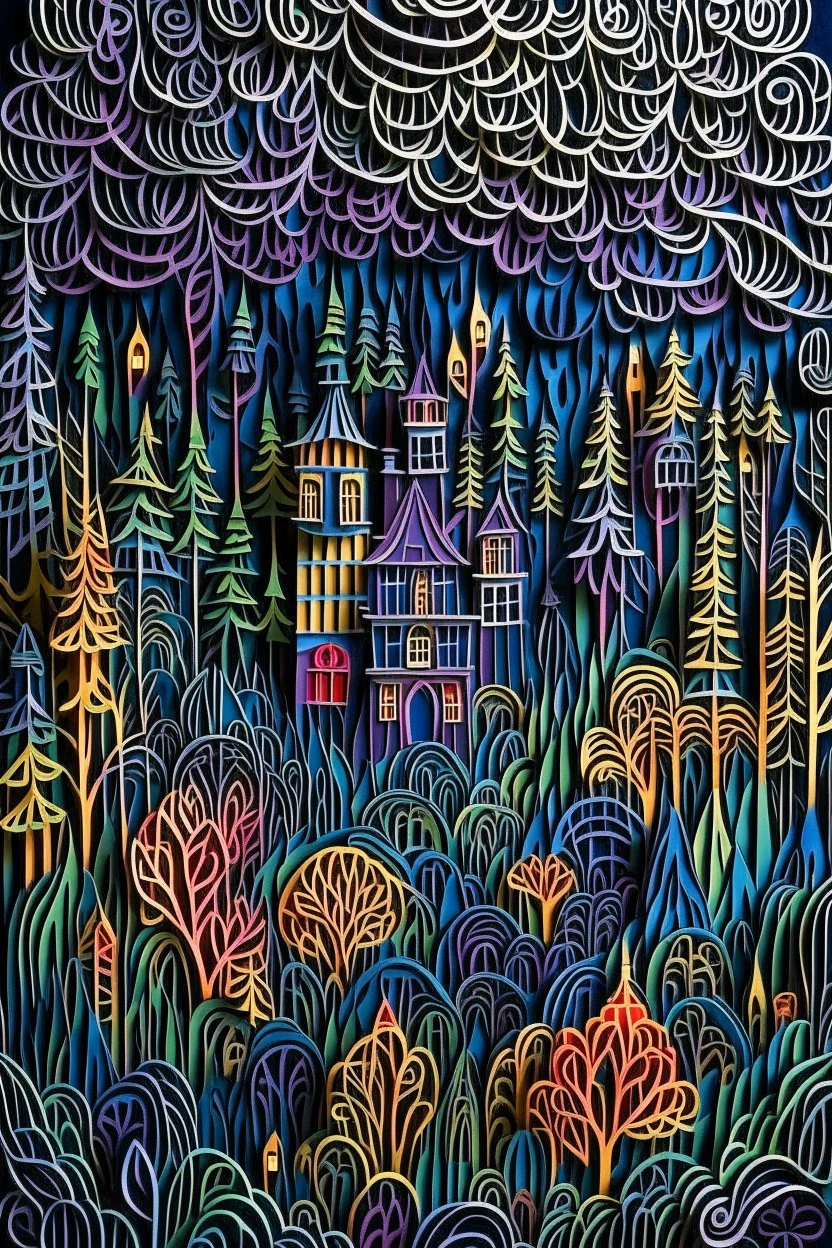 dark forest , darkness castle ,fog, multi-dimensional paper cut craft, mixed media illustration, running through the woods, Sharp, paper quilling, polymer clay, sharpie, Hypermaximalist, busy, Ornate, Layered, HDR, ultra 8k