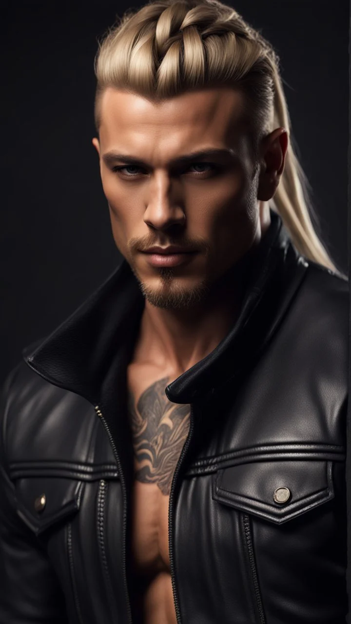 handsome muscular male, long blonde hair pulled back in a pony tail and braided, male age 30, wearing jeans and a leather jacket, tan skin, tattoos,photorealistic 4k dark fantasy