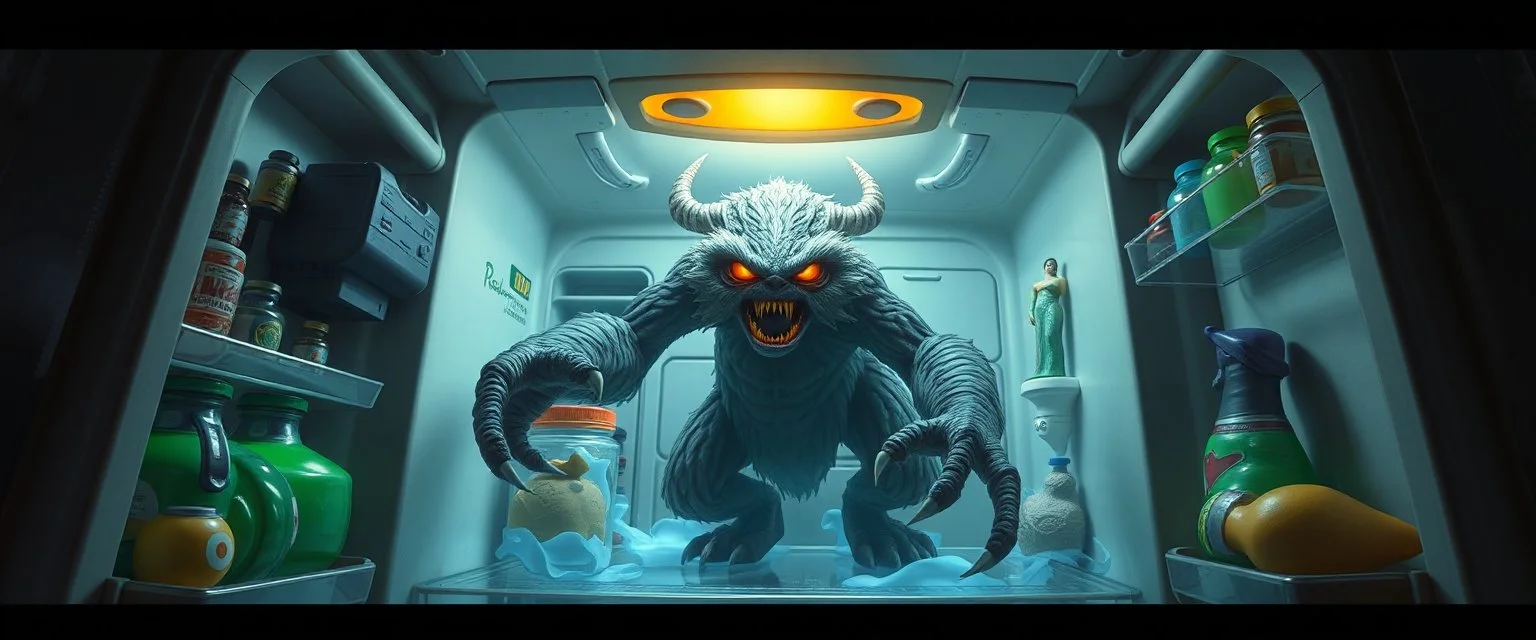 final boss sloth demon in the fridge space craft in the style of fantasy art