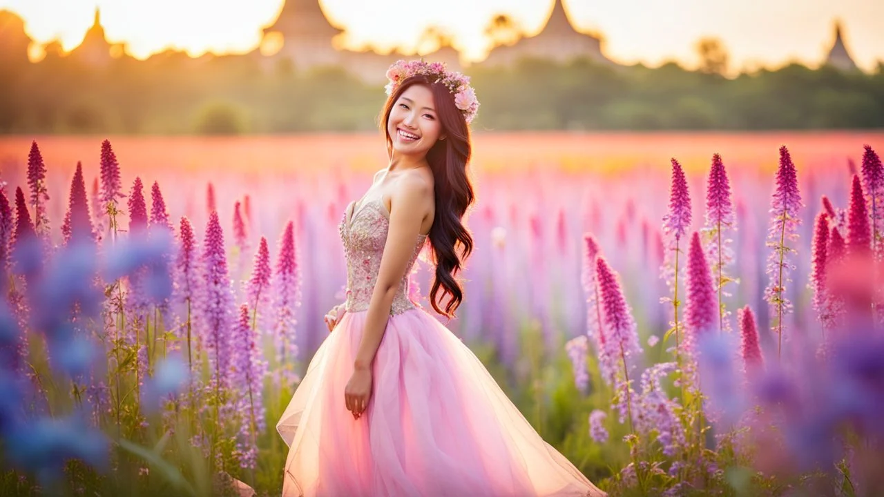 A gorgeous smiling Asian model in a fairy outfit in a field of flowers at sunset a crystal castle at background