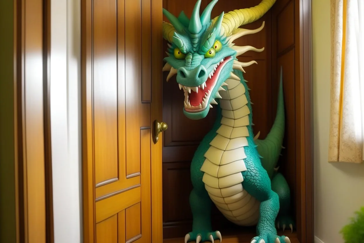 A good dragon knocks on the door of a child's room