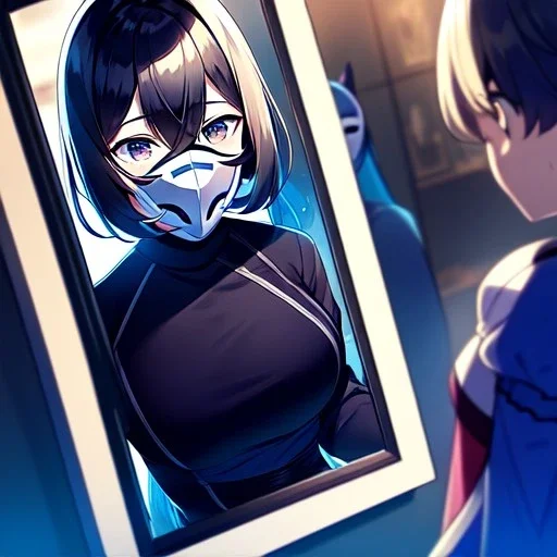 refelection into a mirror, anime girl reflection, wearing a mascerade mask