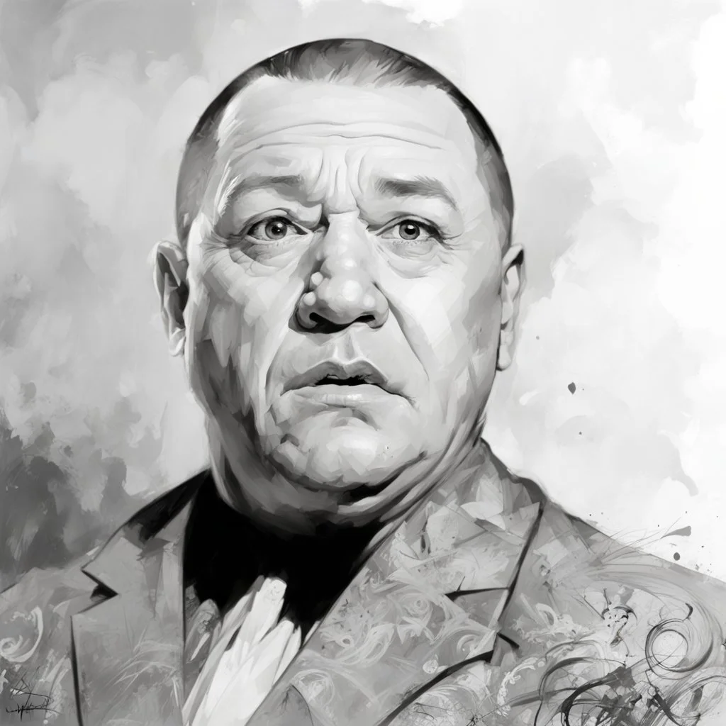 a captivating portrait illustration of Curly Howard, his frustrated countenance dominating the canvas, wild eyes piercing through enveloping darkness, palpable textures, detailed line work, opulent shadows, hyperrealistic, by Russ Mills