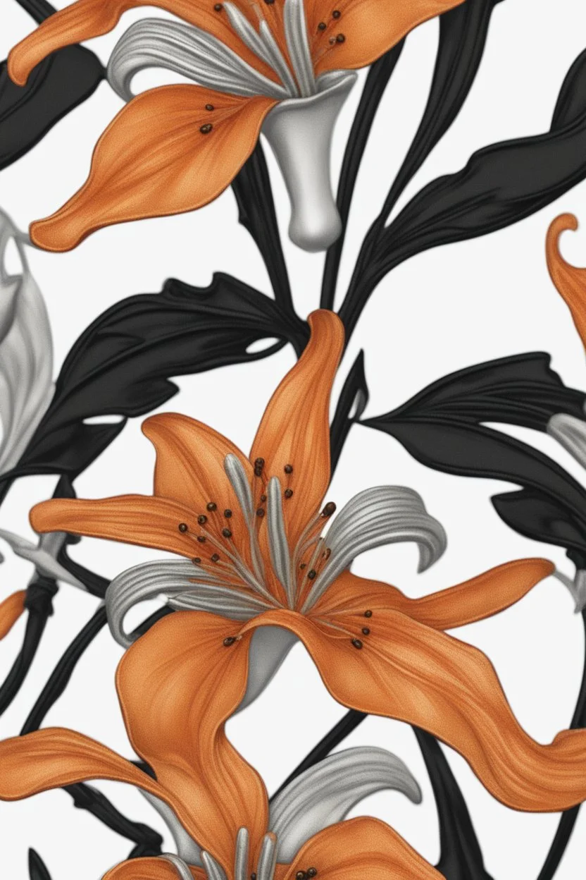 Black tie with silver brooch in the shape of an orange tiger lily flower