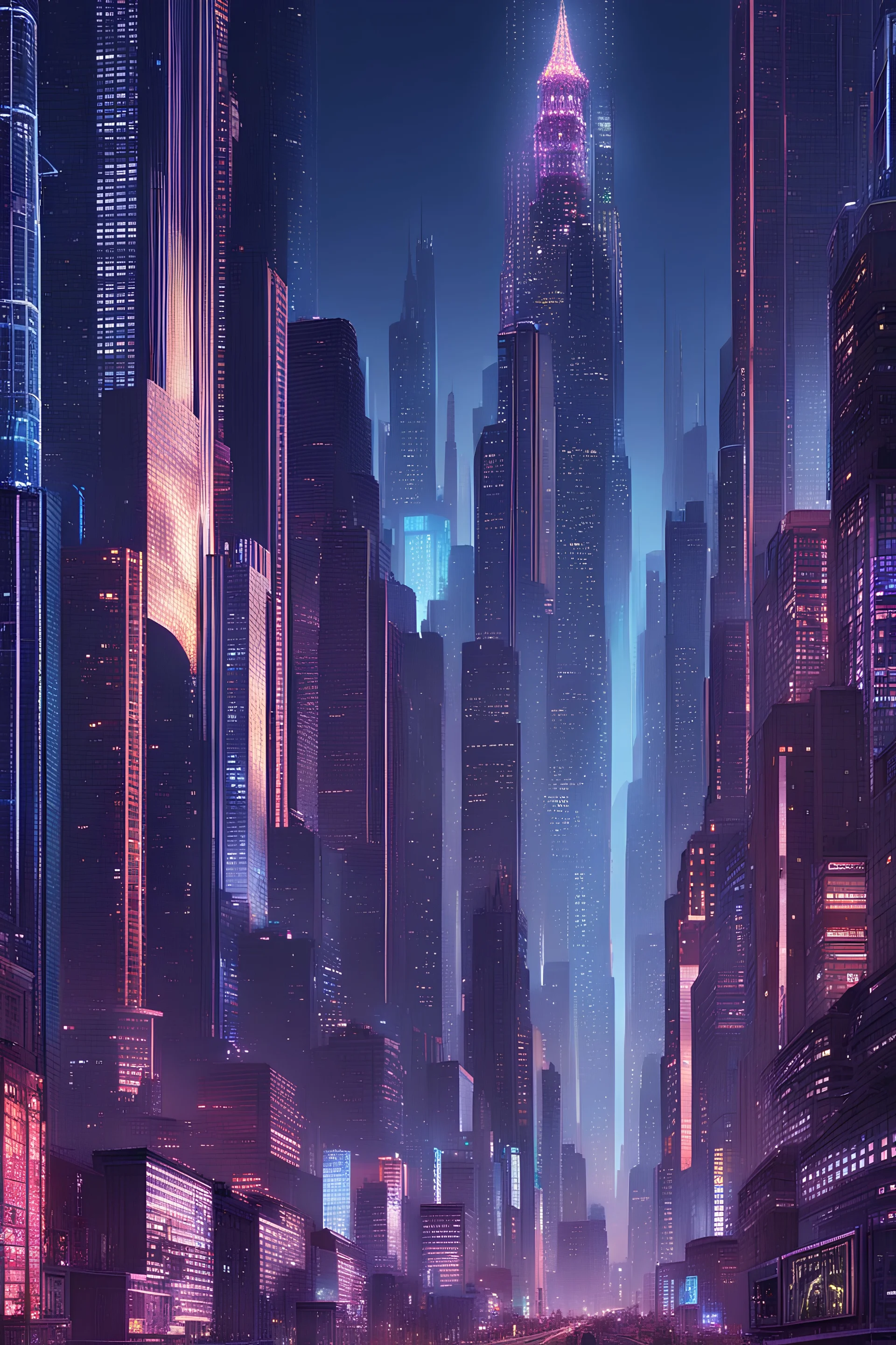 Generate a cityscape image featuring a bustling, futuristic metropolis with towering skyscrapers with unique, intricate designs. Capture a vibrant, high-tech urban environment with holographic billboards lighting the city skyline and the streets below.