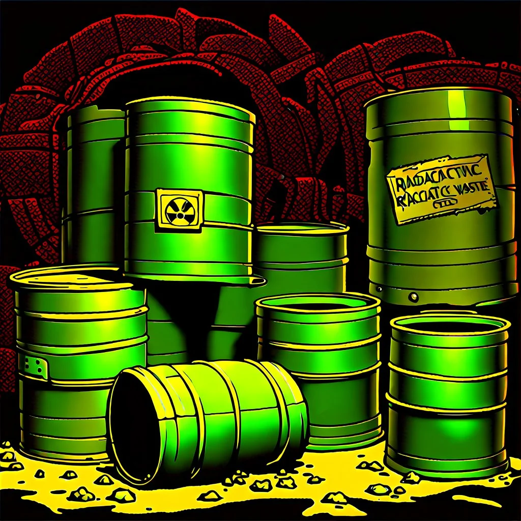 90's TCG fantasy artwork art of radioactive waste barrels