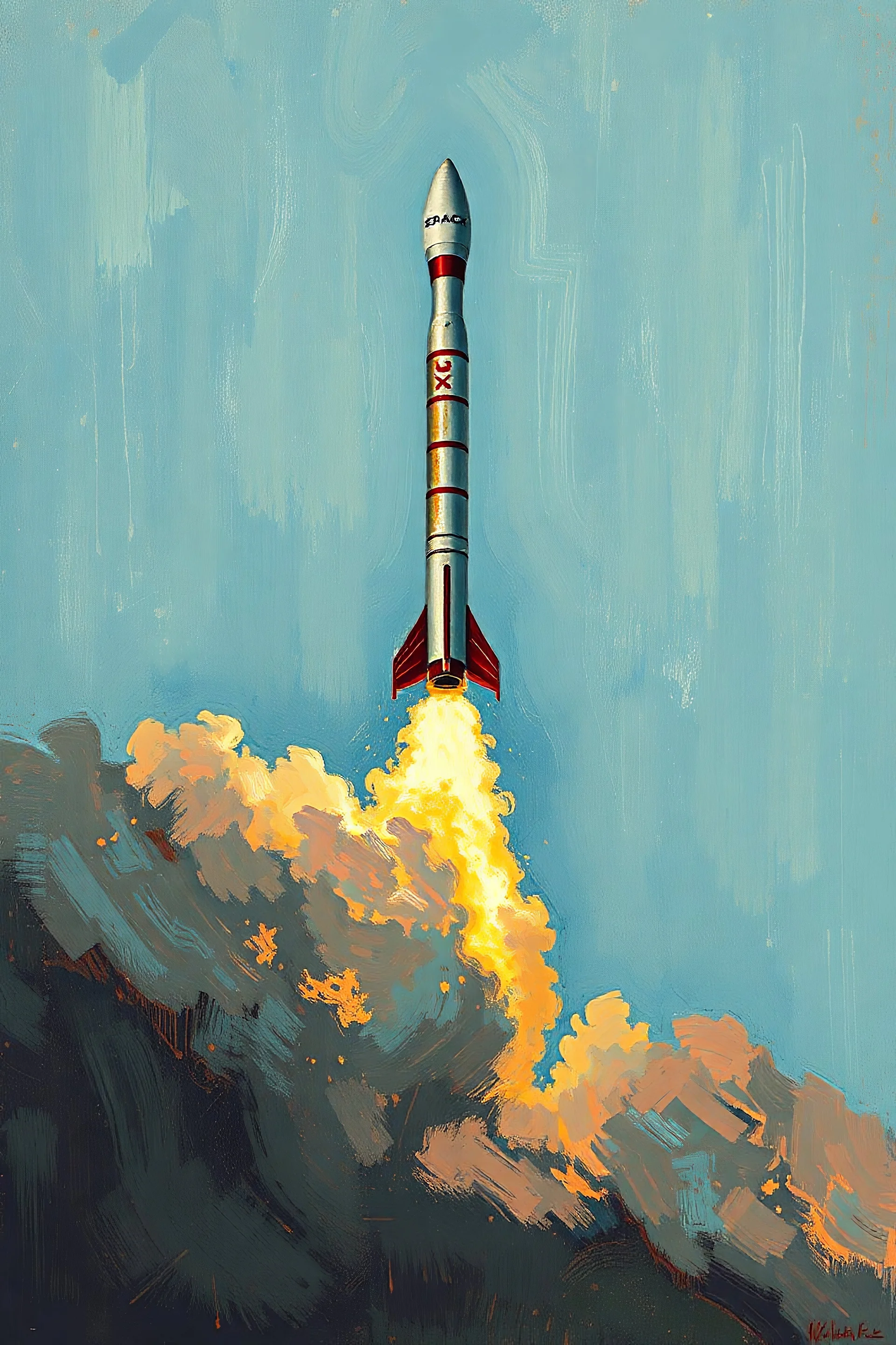 Elon Musk and SpaceX rocket taking off with Van Gogh brush