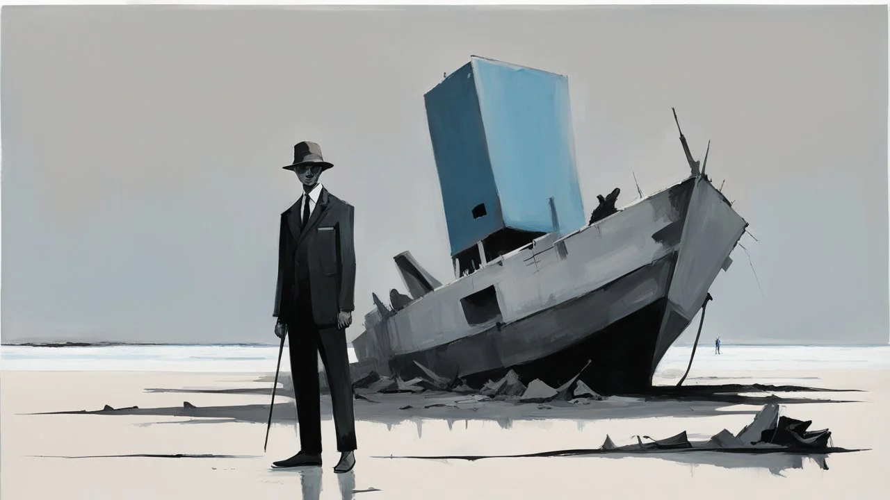 long-legged lean determined black-grey inspectors with beak-shaped heads (wearing white khiton) standing in front of a boat wreck on a radioactive beach, acrylic painting, minimal art, centered, wild sparse brushstrokes, amazing verticals, great parallels, low bleak colors of gray, blue and black, excellent negative space contrasts