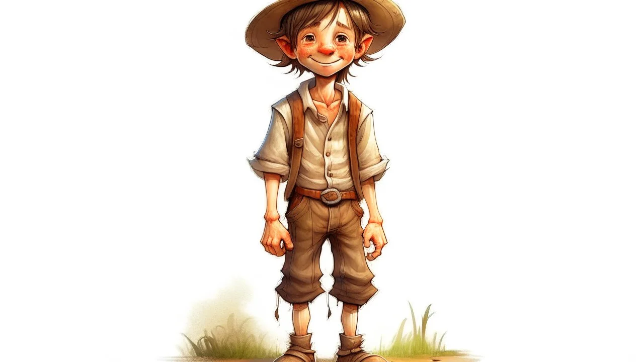 fantasy illustration of a cute and small but very poor country boy. He is 7 years old ,his clothes are worn out, but he looks happy.