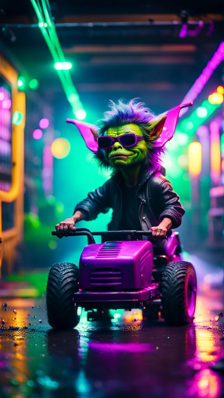 flipped spray paint portrait of Hairy Gremlin pimp ninja yoga cyber punk in flying hipster lawn mower tractor parked in dark neon lit reflective misty wet arcade hall tunnel,bokeh like f/0.8, tilt-shift lens 8k, high detail, smooth render, down-light, unreal engine, prize winning