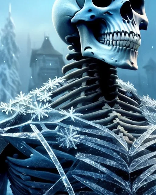 A close up of a frozen skeleton by pascal blanche rutkowski repin artstation hyperrealism painting concept art of detailed character design matte painting, 4 k resolution blade runner, digital Art, perfect composition, beautiful detailed intricate insanely detailed octane render trending on artstation, 8 k artistic photography, photorealistic concept art, soft natural volumetric ci