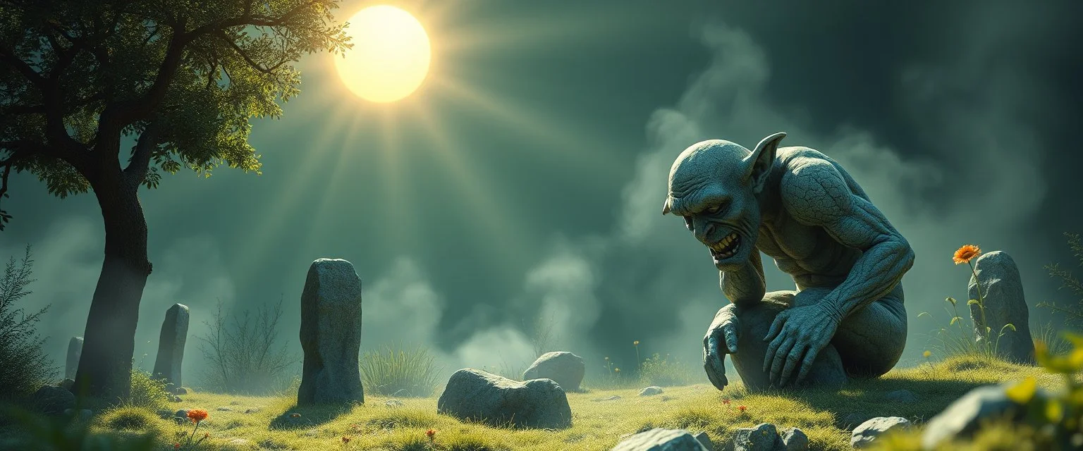scientists studying you stone garden troll in pain in the sun