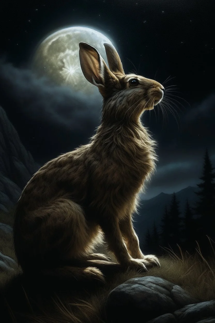 "Generate an AI-enhanced image of a majestic howling rabbit under the moonlight. Capture the essence of the wild, emphasizing the details of the rabbit's fur, the moonlit landscape, and the atmospheric elements that evoke a sense of mystery and power. Let the AI bring to life the primal beauty of a rabbit's howl in this visually stunning artwork."