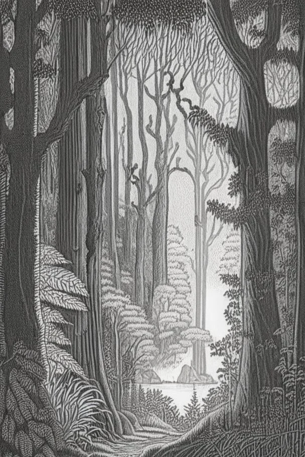 in the style of Henry Justice Ford, a drawing of a forest