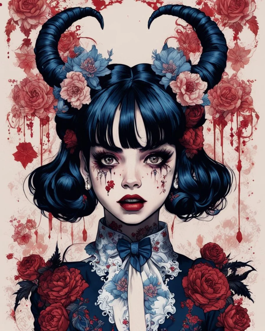 Poster in two gradually, a one side wears a smart shirt which is embroidered with bluered flowers and ornaments, has dark eyes and horns,malevolent goth vampire girl face and other side the Singer Melanie Martinez face, full body, painting by Yoji Shinkawa, darkblue and sepia tones,