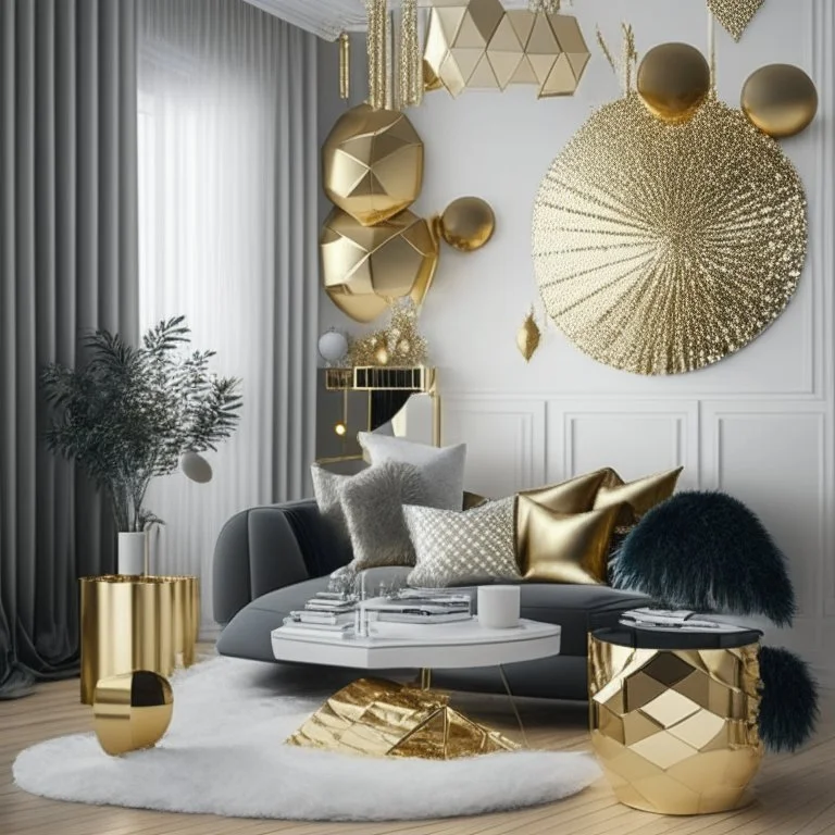 A picture of a modern living room with gold party decoration