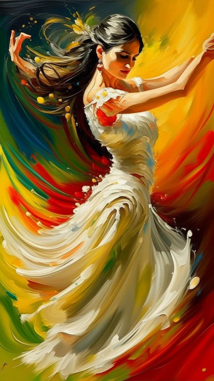 The flamenco dancer in white dress dancing in oil painting with hard brush colors